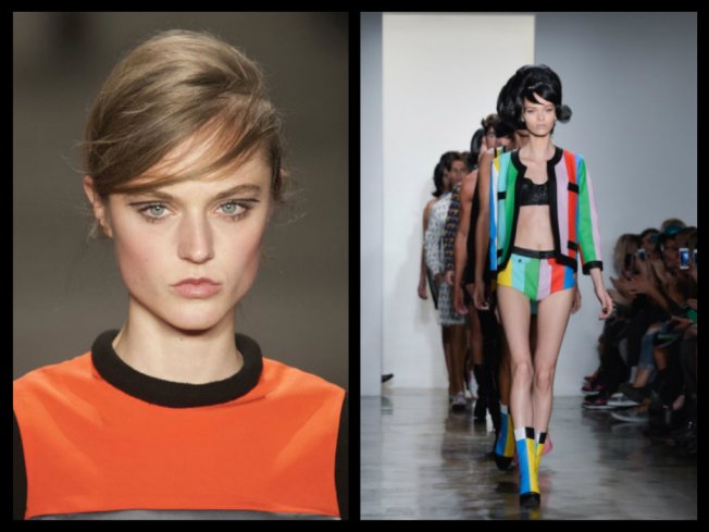 (left: faking fringe with a deep side part; right: real bang action from  Jeremy Scott's NYFW runway.)
